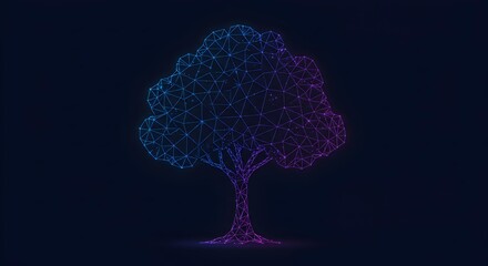 Abstract Digital Tree with Plexus Network on Dark Background, Technology and Nature Concept