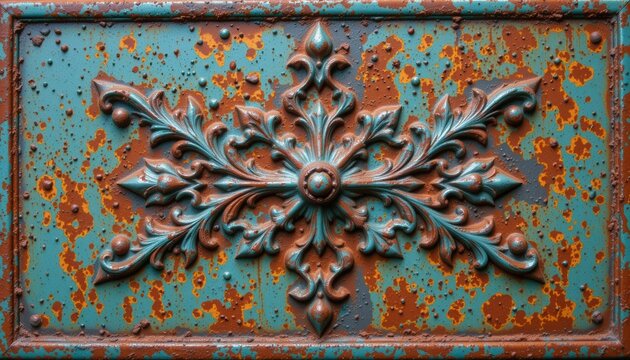 corroded bronze metal with verdigris patina and textured oxidization for antique decorative and design elements