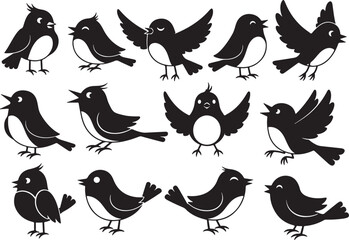 Collection of black cartoon birds in various poses, bird, birds, black and white, cartoon, illustration, graphic, silhouette, vector, cute, animal, wildlife, nature, flying, sitting, singing, cheerful