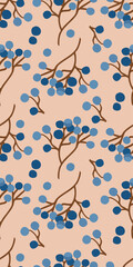Vector seamless pattern with abstract blueberry branches in blue and brown on soft peach background. Ideal for fabric prints, wrapping paper, stationery, wallpapers, and branding designs