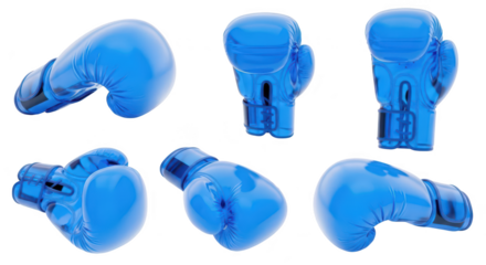 Multiple angles of transparent blue boxing gloves isolated on a white background suitable for sports fitness or competition imagery