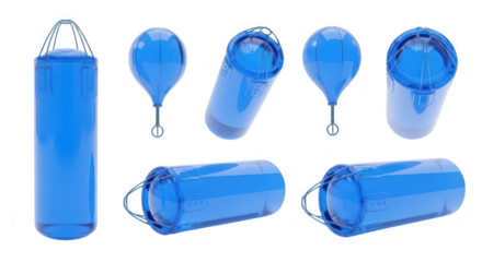 Rendered blue punching bags in multiple views against a clean white background suitable for training or fitness graphics