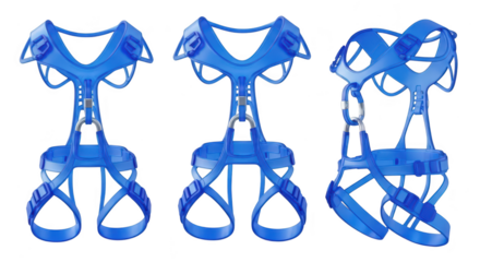 Blue climbing harness different perspectives isolated on white showing design and components for safety and equipment