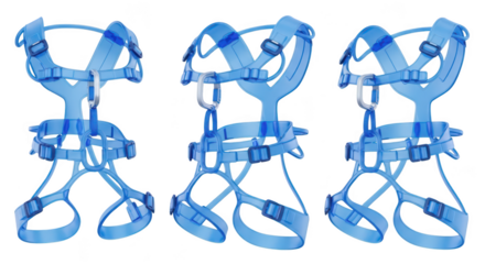 Blue climbing harnesses are displayed on a white background illustrating safety equipment for mountaineering and recreational activities