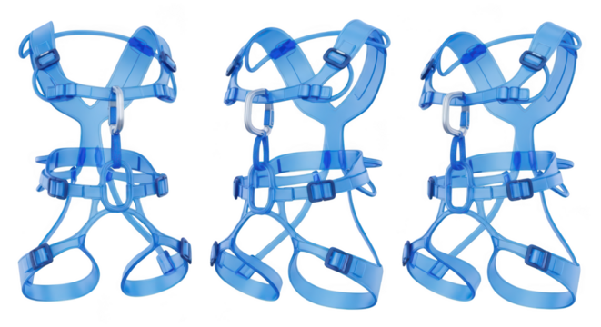 Blue climbing harnesses are displayed on a white background illustrating safety equipment for mountaineering and recreational activities