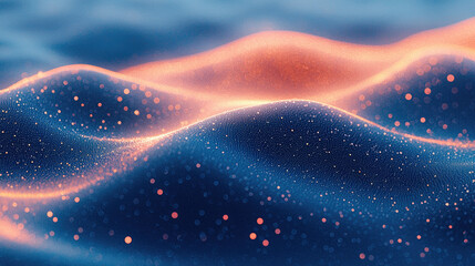 Abstract digital artwork illustrating waves of particle light and glowing dots in deep blue and orange tones