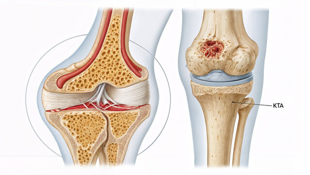 shows a medical illustration of a knee joint, comparing its normal structure on the left with an abnormal condition on the right, labeled KTA. The right image highlights a pathological area within the