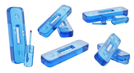 Clear plastic COVID-19 antigen tests arrayed on white background demonstrating usage and concept for disease detection