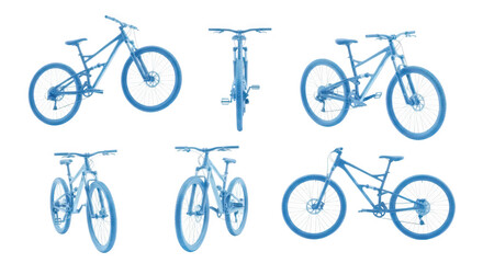 Obraz premium Blue mountain bike multiple views isolated on white background for product catalog advertisement or design illustrations
