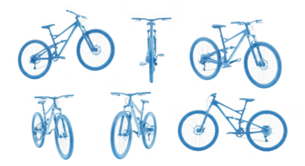 Blue mountain bike multiple views isolated on white background for product catalog advertisement or design illustrations