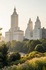 Obraz premium Stunning Morning Light Over City Skyline with Lush Greenery