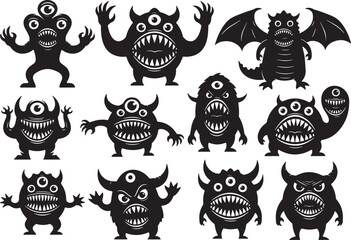 Collection of black silhouette monsters with sharp teeth and multiple eyes, monster, silhouette, black, white background, creature, scary, cartoon, illustration, fantasy, horror, spooky, evil, teeth, 