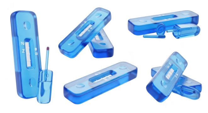 Clear plastic COVID-19 antigen tests arrayed on white background demonstrating usage and concept for disease detection