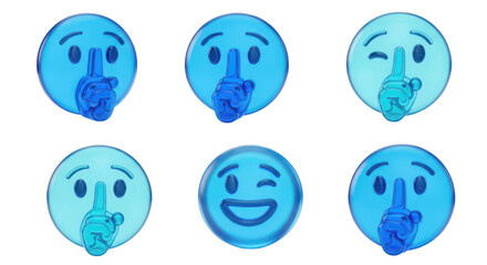 Transparent blue emoji faces in various expressions gesturing shush on a white background ideal for digital communication social media and illustration