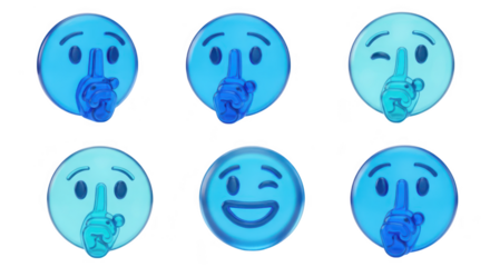 Transparent blue emoji faces in various expressions gesturing shush on a white background ideal for digital communication social media and illustration