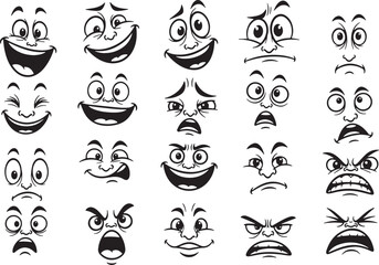 Collection of Cartoon Faces Expressing Various Emotions, cartoon, faces, expressions, emotions, happy, sad, angry, surprised, confused, laughing, crying, winking, screaming, shouting, fear, joy, anger
