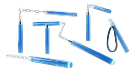 Blue nunchucks displayed in dynamic poses on a white background for martial arts or self-defense visuals
