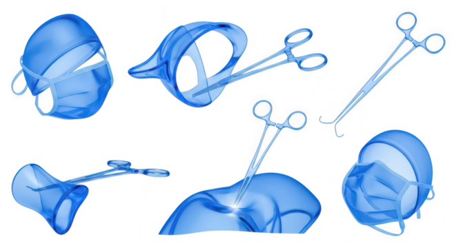 Blue transparent surgical tools and mask icons depict medical procedures on white background ideal for healthcare visuals