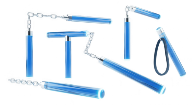 Blue nunchucks displayed in dynamic poses on a white background for martial arts or self-defense visuals