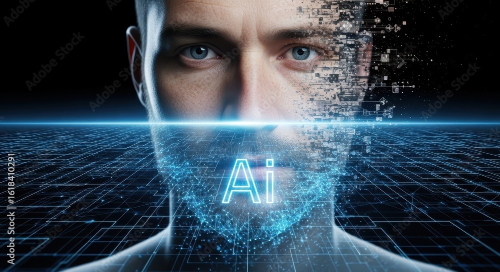 Poster a mans face is digitally dissolving into a grid of glowing blue data points