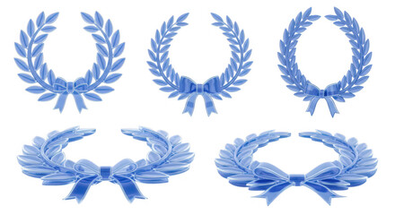 Fototapeta premium Blue laurel wreaths front and overhead views arranged on white background isolated for celebrating achievements