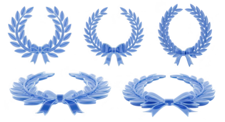 Blue laurel wreaths front and overhead views arranged on white background isolated for celebrating achievements