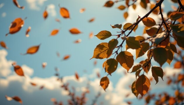 floating leaves suspended in a clear sky with soft glowing light and weightless atmospheric texture