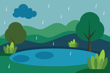 nature pond in raining landscape