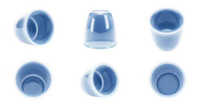 Blue transparent cups showcased viewed from multiple angles on a white background highlighting its design Ideal for product presentations