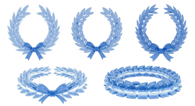 Blue laurel wreath illustrations on a white surface showing different views for decorative purposes representing achievement awards victory