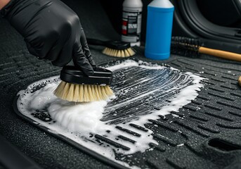 Close-up of a brush scrubbing soapy foam on a car floor mat during deep cleaning. Car detailing tools and cleaning solution are visible, highlighting interior auto care.	