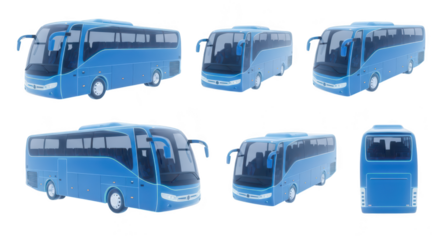 Blue bus models displayed in different angles on a white backdrop representing travel tourism and transportation
