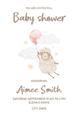 Cute baby shower greeting card with sheep fly air balloon, clouds and stars. Invitation template of newborn's party celebration. Watercolor hand drawn kid's illustration.