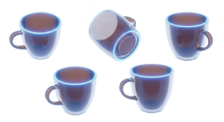 Five glowing coffee mugs arranged in different positions against a white background illustrating a design concept usable for product presentation