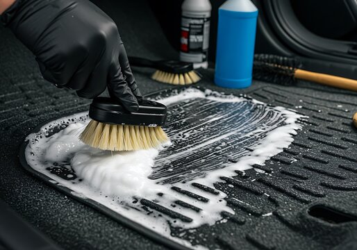 Close-up of a brush scrubbing soapy foam on a car floor mat during deep cleaning. Car detailing tools and cleaning solution are visible, highlighting interior auto care.	