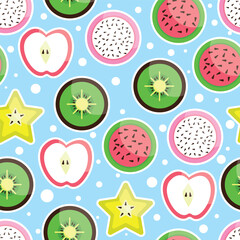 Trendy colorful of summer fruits mixed fruits dragon watermelon kiwi star fruit and apple seamless pattern