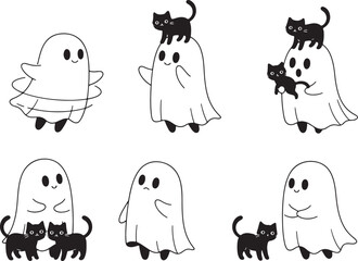 Cute cartoon ghosts and black cats in various poses, ghost, cat, black cat, cute, cartoon, illustration, halloween, spooky, playful, friendly, happy, sad, surprised, dancing, sitting, standing, white,