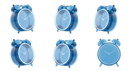 Transparent blue alarm clocks arranged on a white surface depicting time passing likely for concept visuals about time deadlines or schedules