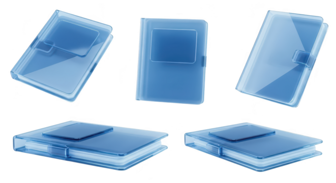 Transparent blue notebooks at various angles on a white background useful for office education or design concepts