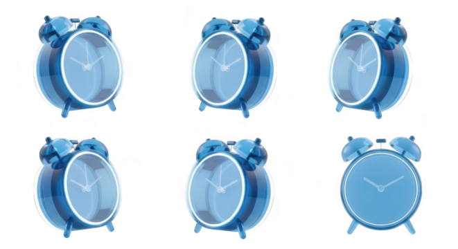 Transparent blue alarm clocks arranged on a white surface depicting time passing likely for concept visuals about time deadlines or schedules