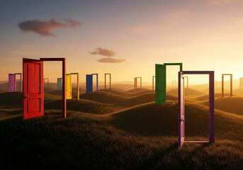 Multiple open doors in a surreal landscape at sunset symbolizing choices and opportunities