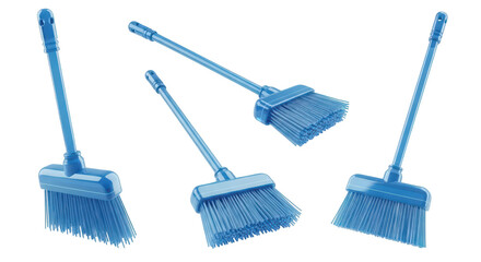 Blue brooms displayed in various positions against a white backdrop for illustrating cleaning tools housekeeping and home maintenance concepts