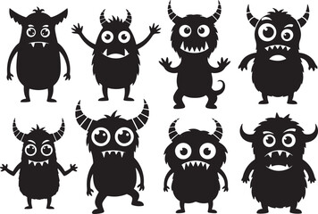 Eight Black Silhouette Monsters with Big Eyes and Horns, monster, silhouette, black, white background, creature, cute monster, cartoon monster, scary monster, funny monster, monster icon, monster grap
