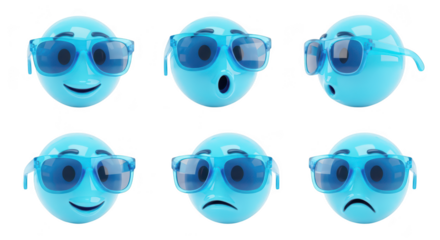 Blue emoji balls with sunglasses displaying various emotions set against a white background suitable for representing feelings and reactions