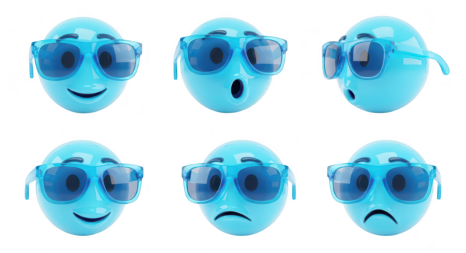 Blue emoji balls with sunglasses displaying various emotions set against a white background suitable for representing feelings and reactions