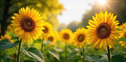 Vibrant sunflowers bask in the warm sunlight of a picturesque park, their golden petals reaching towards the sky A tranquil scene of natural beauty perfect for summer themes , botany, nature