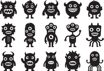 Fifteen Black Silhouettes of Diverse Cartoon Monsters, monster, creature, alien, character, silhouette, black, white, cartoon, illustration, funny, scary, cute, evil, friendly, alien creature, fantasy