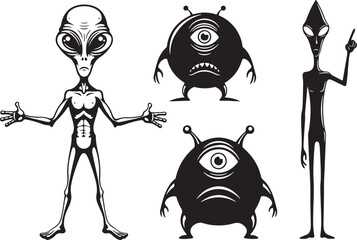 Four black and white cartoon aliens with different expressions and poses, alien, extraterrestrial, ufo, space, creature, monster, cartoon, illustration, graphic, black and white, drawing, character, s