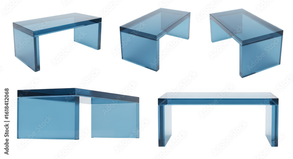 Poster blue glass tables in various angles against a white background highlighting modern design elements p