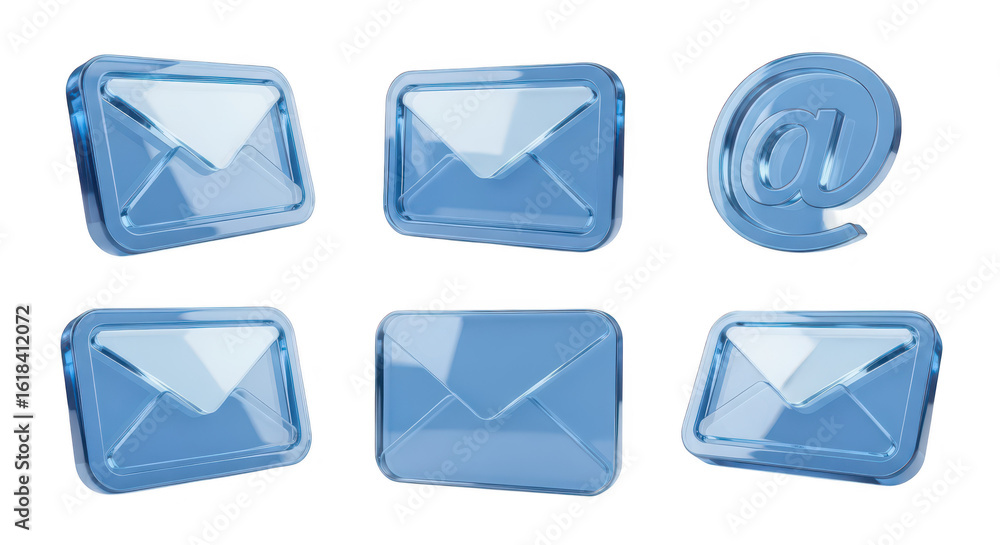 Aufkleber transparent blue email icons envelopes and at-symbol arrayed on white background symbolizing digital